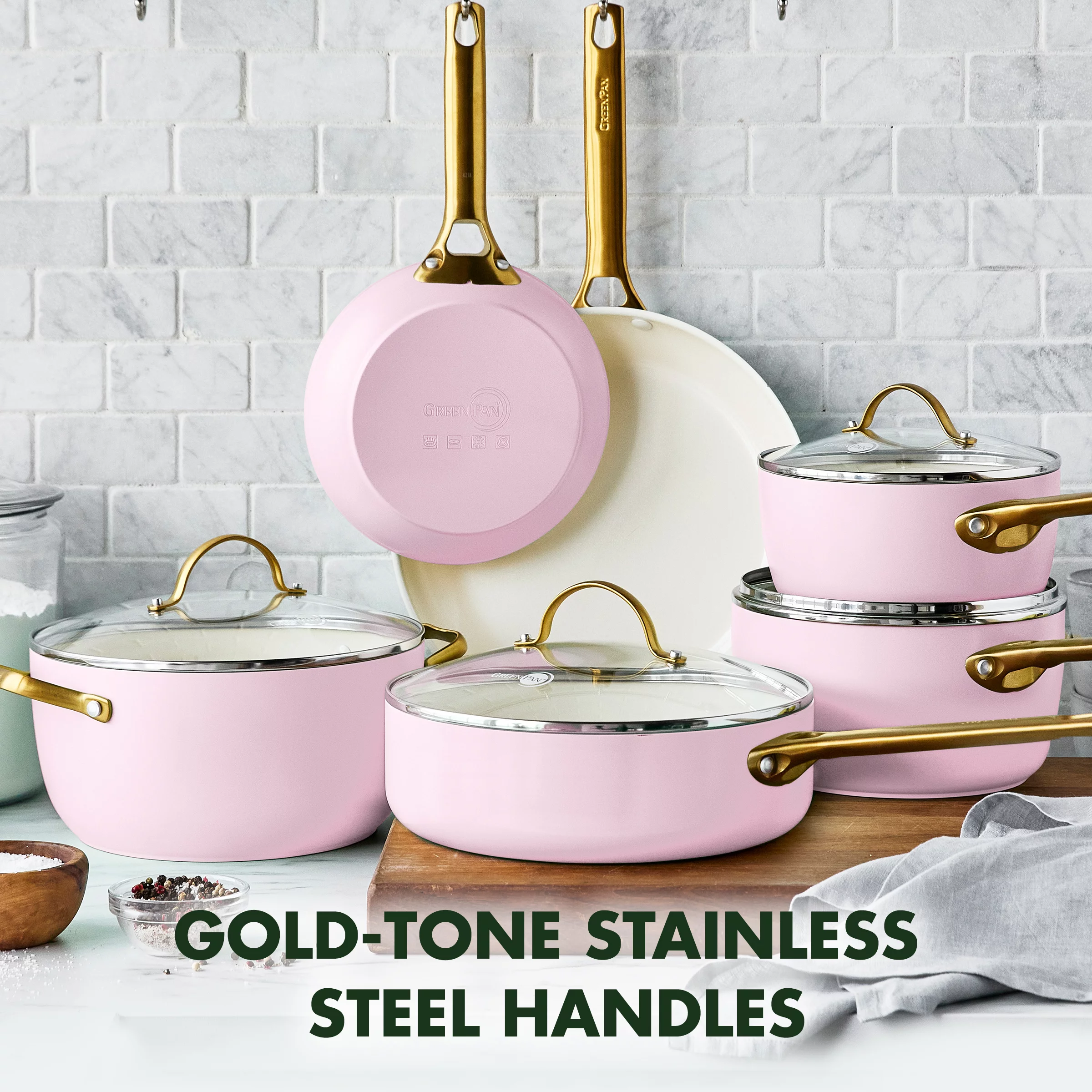 GreenPan Reserve Hard Anodized Healthy Ceramic Nonstick 10 Pc Cookware Set, Blush Pink