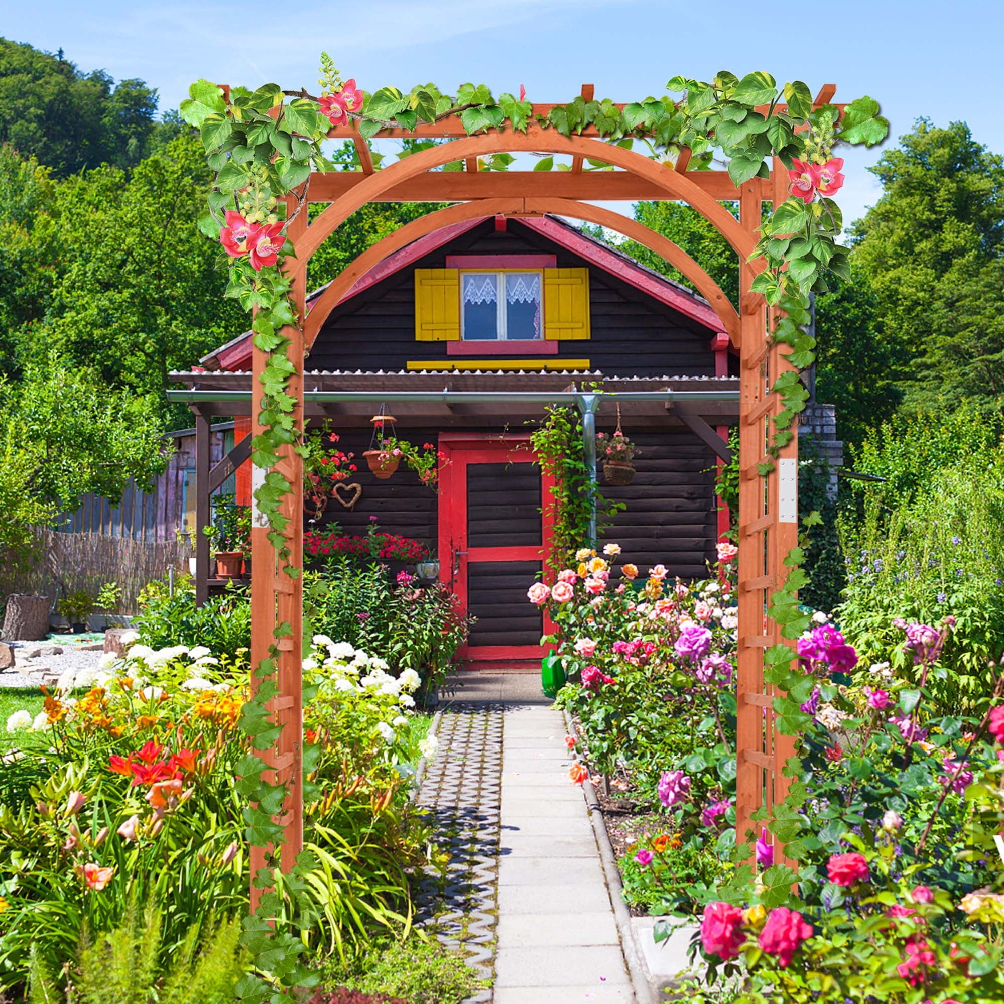 Costway Premium Outdoor Wooden Cedar Arbor Arch Pergola Trellis Wood Garden Yard Lattice