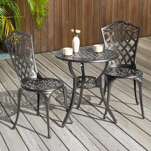 NUU GARDEN 3 Piece Bistro Set Outdoor, All Weather Cast Aluminum Patio Bistro Sets Patio Table and Chairs Set of 2 with Umbrella Hole for Yard
