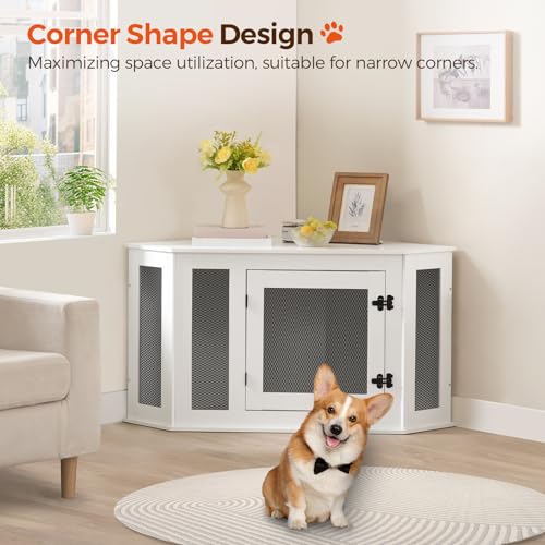 Corner Dog Crate Furniture, Wooden Dog Kennel End Table, Decorative Pet Crate Indoor Use, Furniture Style Dog House for Small Medium Dog