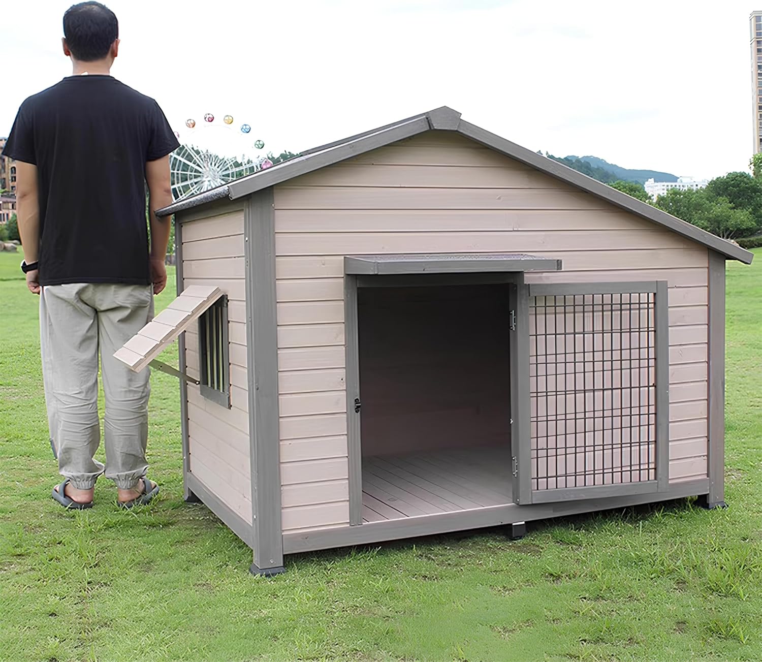 Dog House Outdoor xlarge Weatherproof with Air Vent & Elevated Floor & Door Window, Sturdy & Well Built Wooden Dog House for Pets