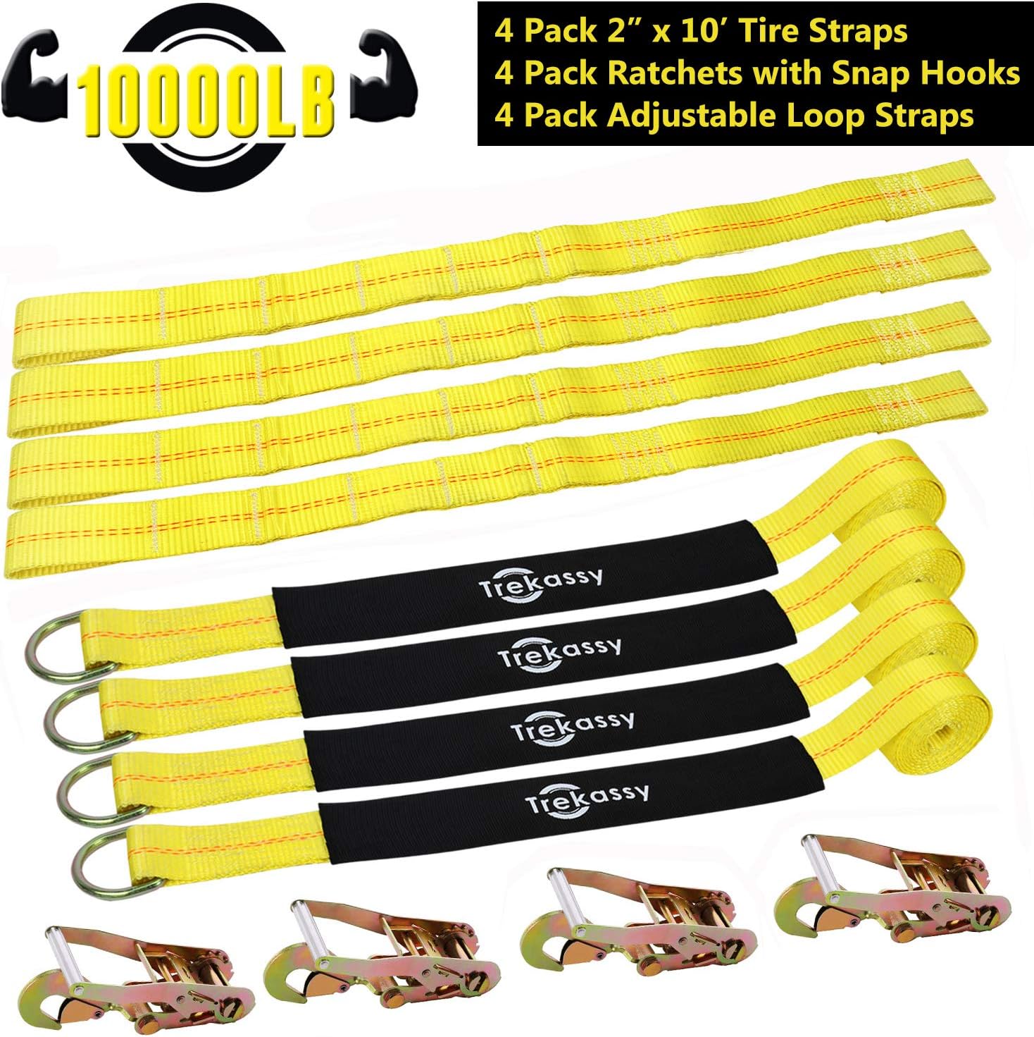 Trekassy 2”x 120” Wheel Net Car Hauler Tie Down Straps for Trailers Heavy Duty with 4 Axle Straps and 4 Ratchet with Snap Hooks