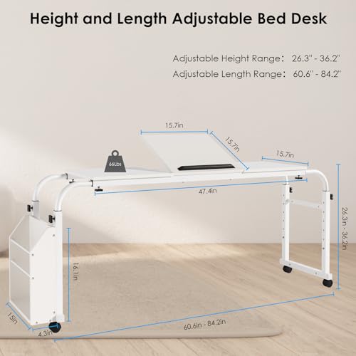 Arlopu Overbed Table with Wheels,60.6-84.2 inches Mobile Bed Desk,Rolling Computer Desk, Laptop Cart,W/0-65°Tilt Stand,4 Heights and 6 Lengths
