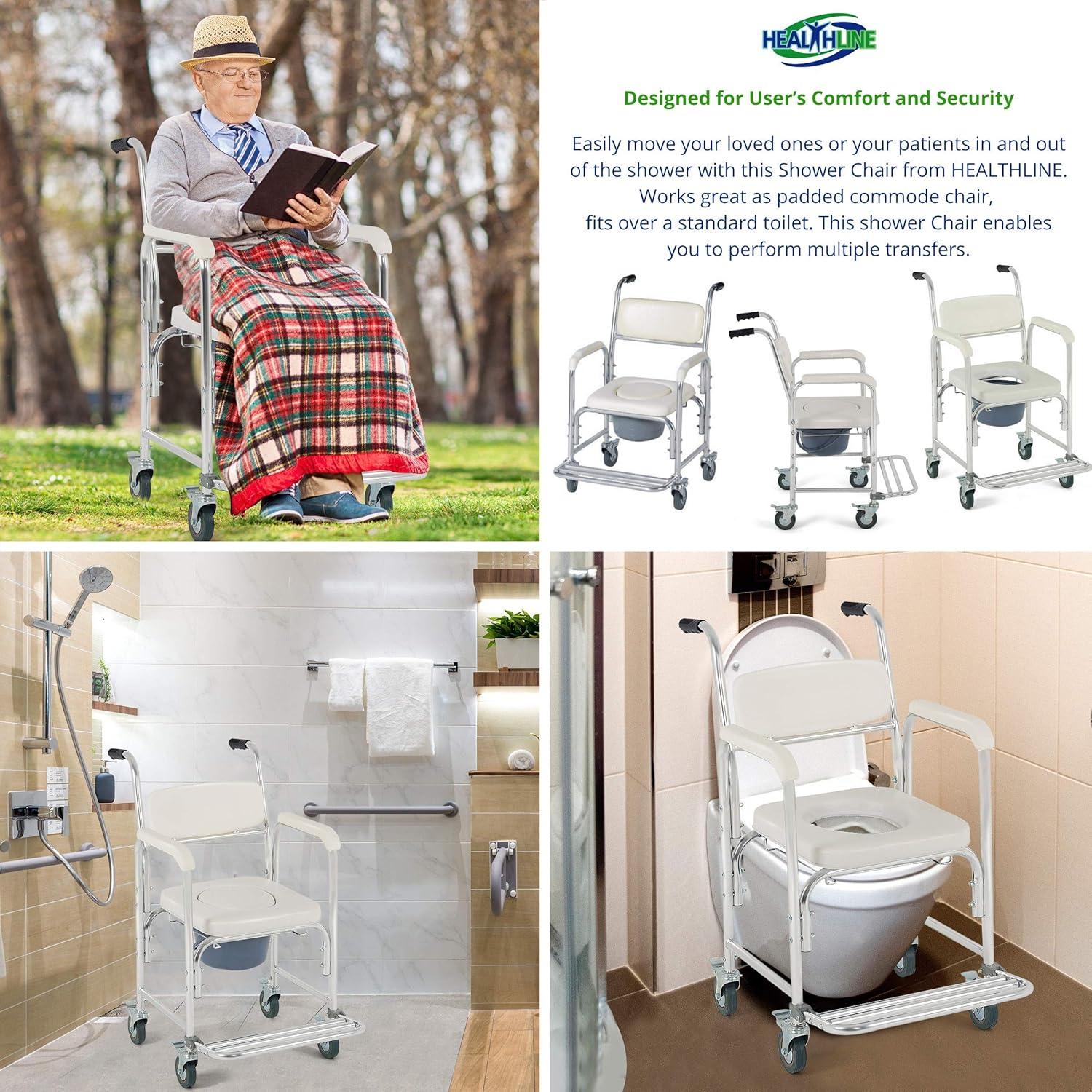 HEALTHLINE Shower Bedside Commode Chair Padded Seat With Wheels by Healthline