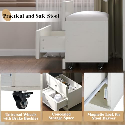 3-in-1 Vanity Set with LED Lighted Flip Top Mirror, Makeup Table with Fold-Up Panel, Hidden Stool, Charging Station
