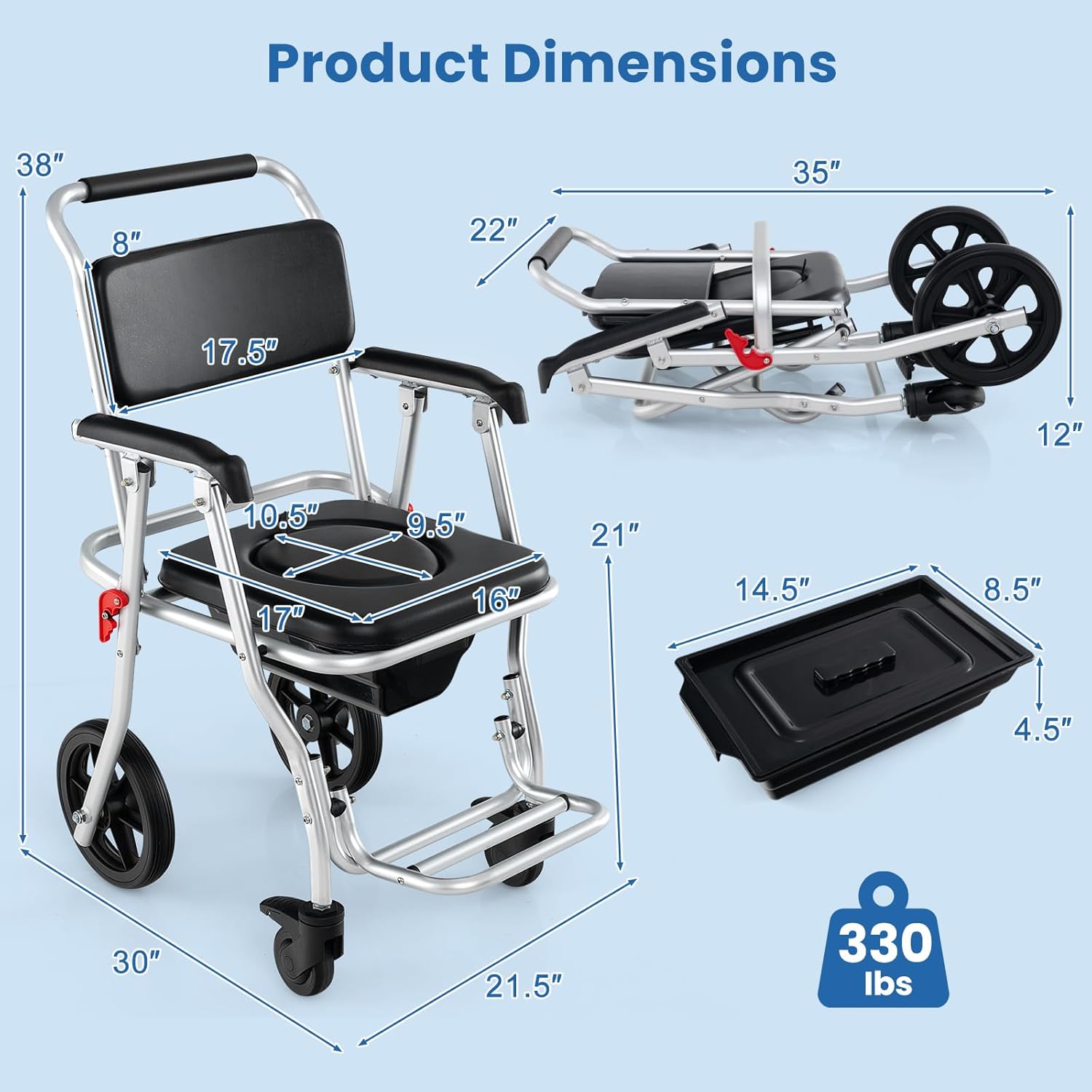 Giantex Bedside Commode Wheelchair for Toilet - Foldable Shower Chair with Arms, Lockable Casters, Detachable Bucket, Transport Wheelchair