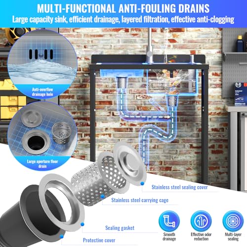 Stainless Steel Utility Sink, 30.8" × 22" × 39.5"Freestanding Sink with Cold and Hot Water Faucet,Hoses and Drain Kit for Kitchens, Bathrooms, Garage