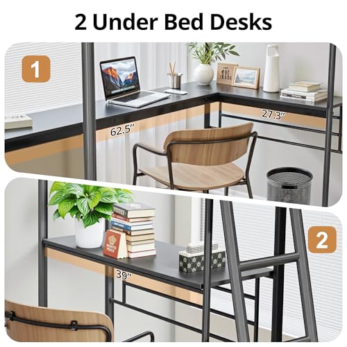 Twin Size L-Shaped Loft Bed with 2 Built-in Desks, Metal Loft Corner Bed with 2 Ladders and Safety Guard Rail