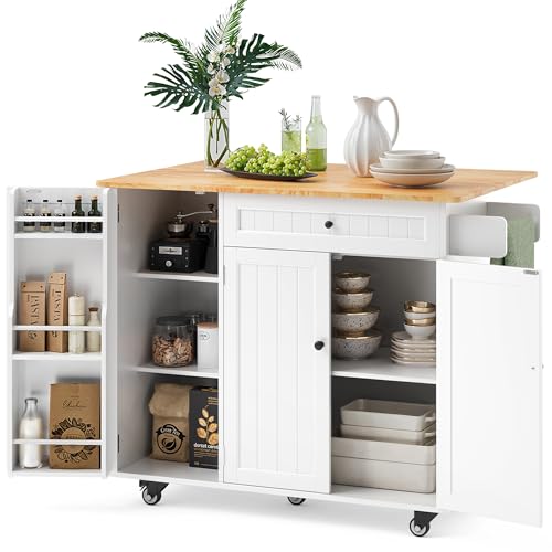 Ahomly Kitchen Island with Storage, Island Table for Kitchen with Drop Leaf, 5 Wheels, Interal Storage Rack, a Drawer, Spicy Rack and Towel Bar
