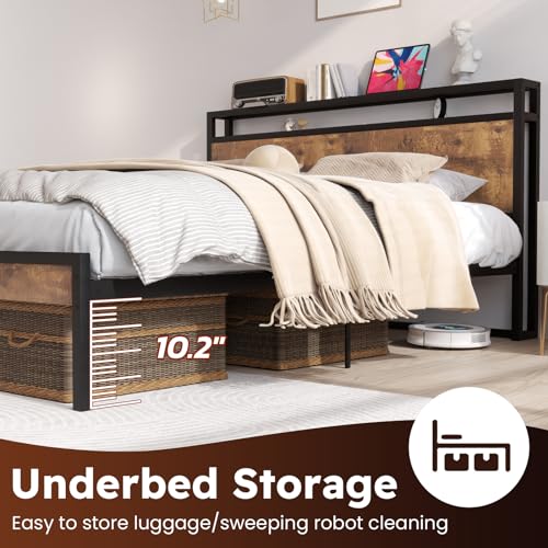 Queen Size Bed Frame with 4 Storage Drawers, LED Platform Bed with Headboard, Built in Charging Station, Noise Free, Stable and Solid