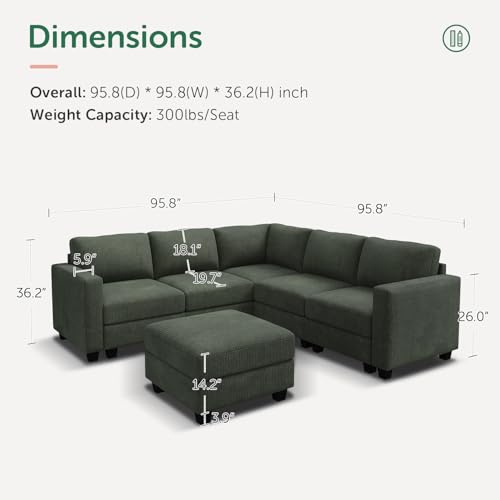 HONBAY Corduroy Modular Sectional Couch with Storage L-Shaped Sectional Couches for Living Room 6 Seater Modular Sofa, Dark Gray