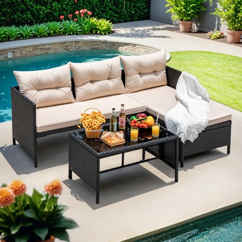 Devoko Outdoor Patio Furniture 3-Piece Rattan Waterproof Outdoor Sectional Sofa All-Weather L Shaped Patio Couch with Cushion Glass Table for Balcony
