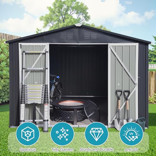 8x6 FT Outdoor Storage Shed, Metal Tool Shed with Lockable Doors, Peaked Roof & Frame Floor