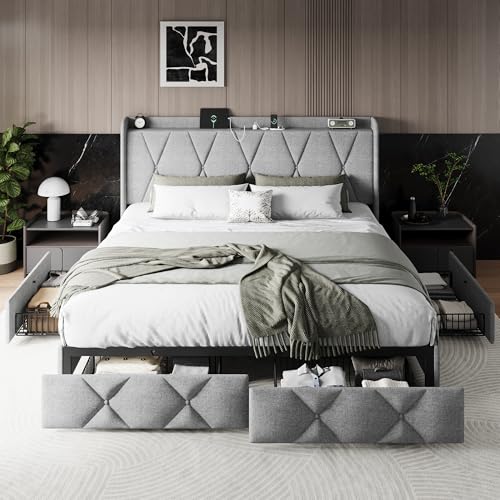 Queen Bed Frame with 4 Storage Drawers and Charging Station, Upholstered Platform Bed Frame with Storage Headboard, No Box Spring Needed