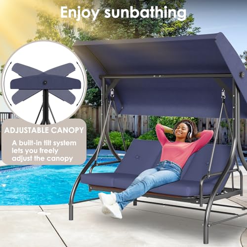 TLSUNNY 3-Seat Outdoor Patio Porch Swing with Adjustable Canopy & Backrest, Convertible Glider Bed with Stand, Removable Seat Cushion
