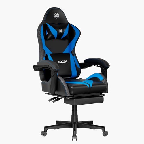 Gaming Chairs for Adults Tall and Kids，Lumbar Support,LED Lights，High Back Reclining Computer Chair with Headrest (Black+Blue)