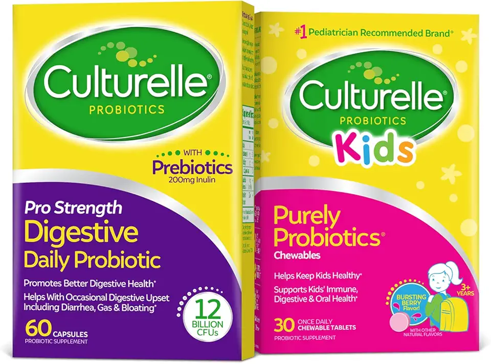 Culturelle Daily Probiotic Bundle – Pro Strength Daily Probiotic Capsules for Men and Women and Daily Probiotic Chewables for Kids