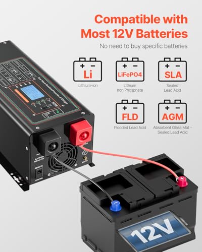 VEVOR Pure Sine Wave Inverter Charger, 2000 Watt, DC 12V to AC 120V, Battery Charger with LCD Display, Remote Control
