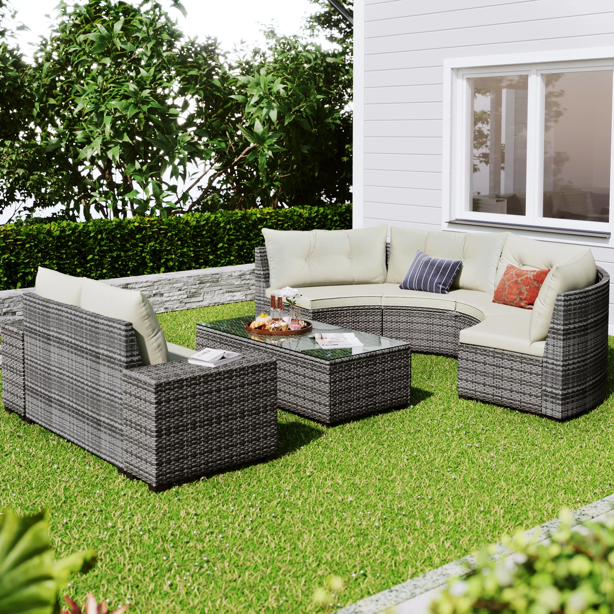 EUROCO 8 Piece Rattan Sectional Sofa Set,Curved  Outdoor Conversation Set,All-Weather Wicker with Removable Cushions & Coffee Table