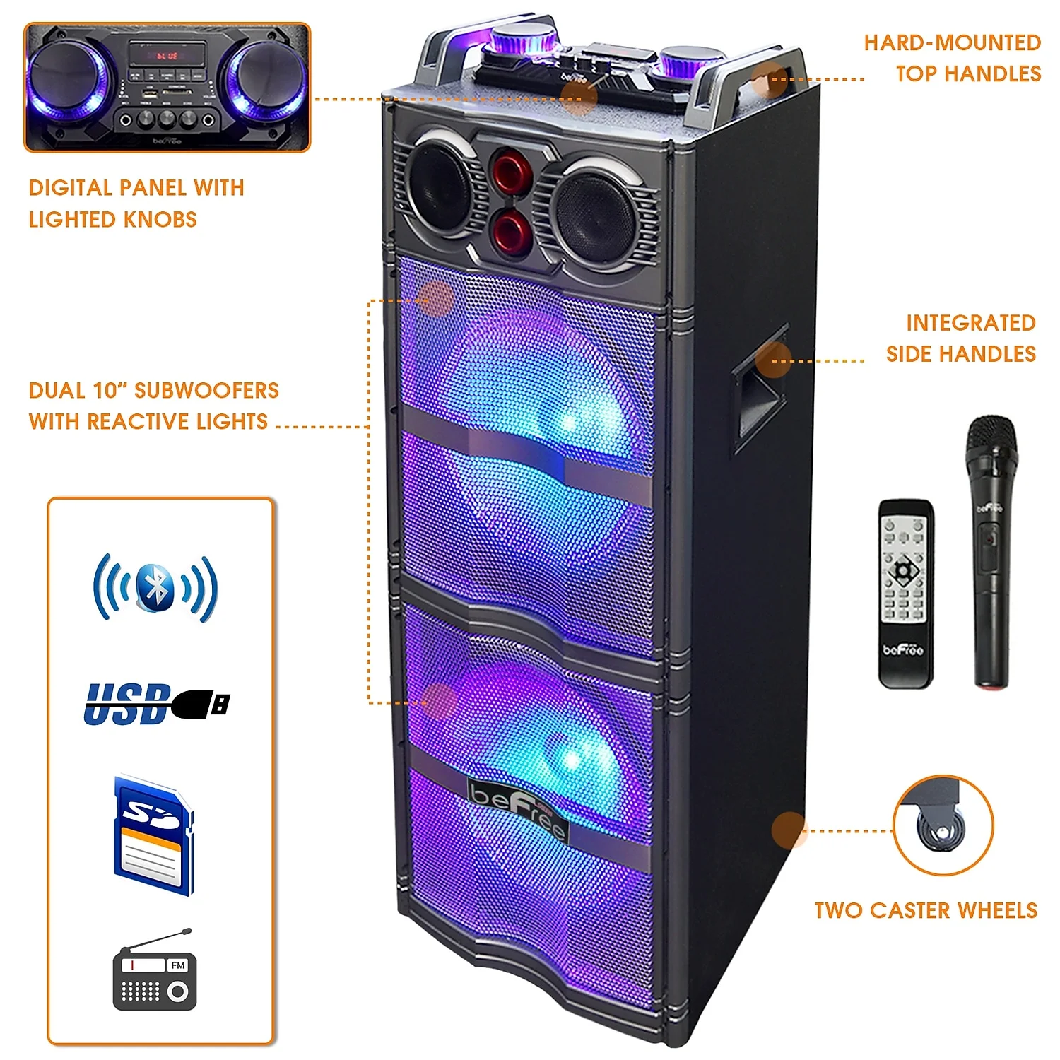 beFree Sound Double 10" Subwoofer Bluetooth Portable Party Speaker with Reactive Lights, USB/SD Input, FM Radio, Remote Control and Microphone