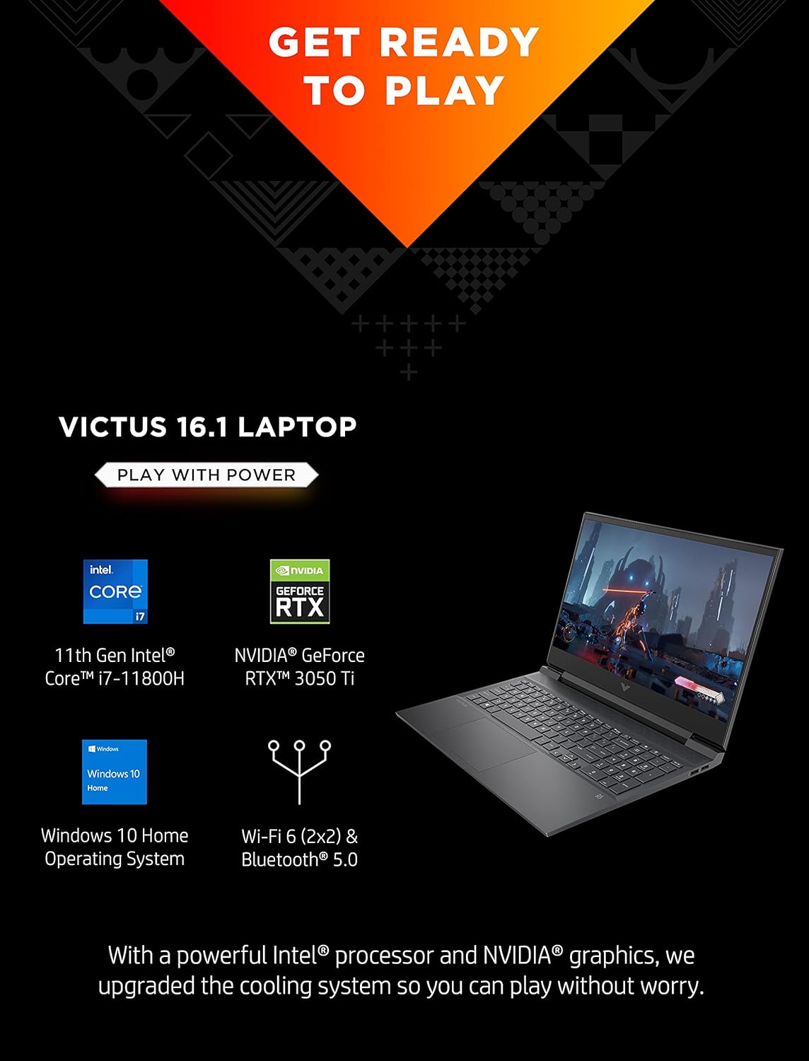 HP Victus 16 Gaming Laptop, NVIDIA GeForce RTX 3050 Ti, 11th Gen Intel Core i7-11800H, 8 GB RAM, 512 GB SSD, 144Hz Full HD Display, Windows 10 Home
