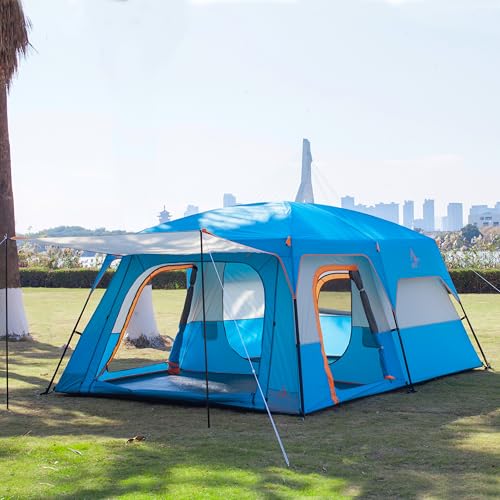 KTT Extra Large Tent 10-12-14 Person(Style-B),Family Cabin Tents,2 Rooms,3 Doors and 3 Windows with Mesh,Straight Wall,Waterproof,Double Layer