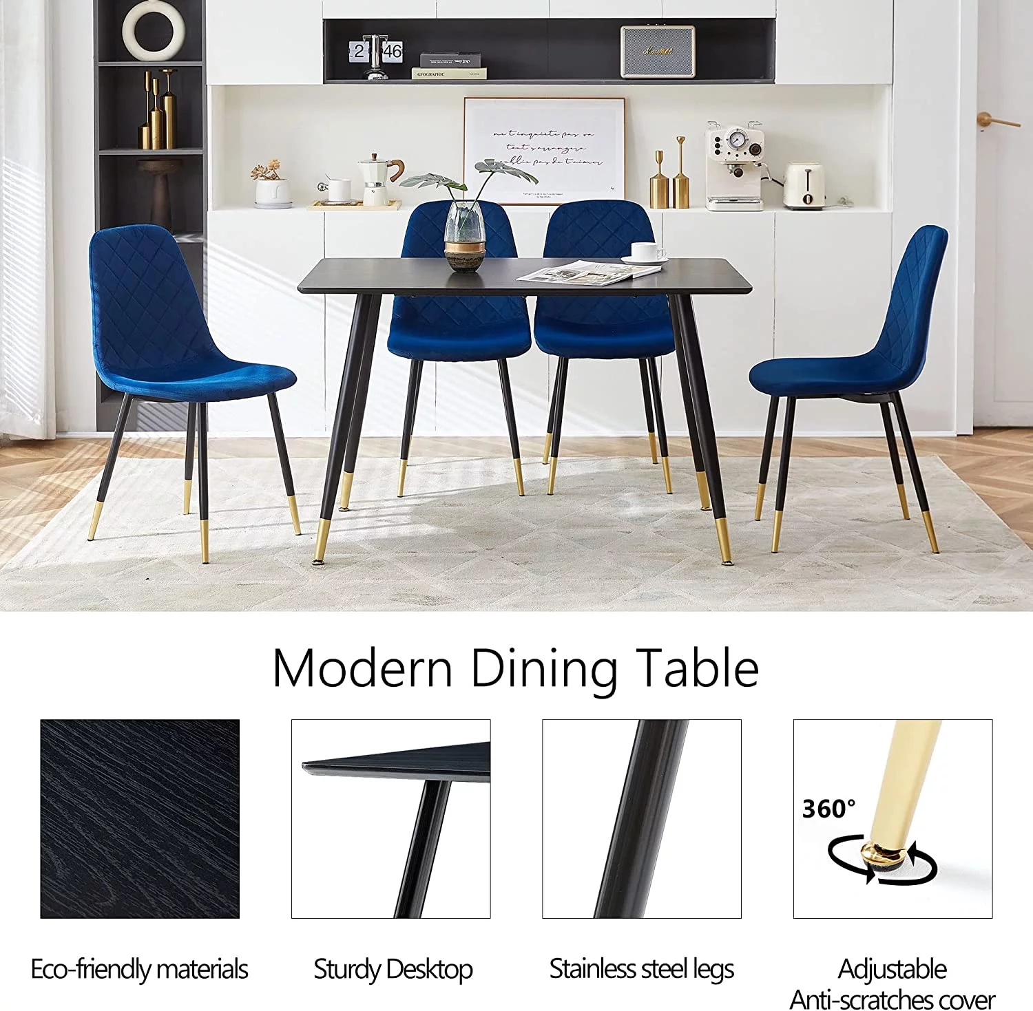 NORDICANA Dining Table Set for 4,Classic Faux Wood Rectangular Dining Table with 4 Upholstered Velvet Dining Chair Space Saving for Apartment