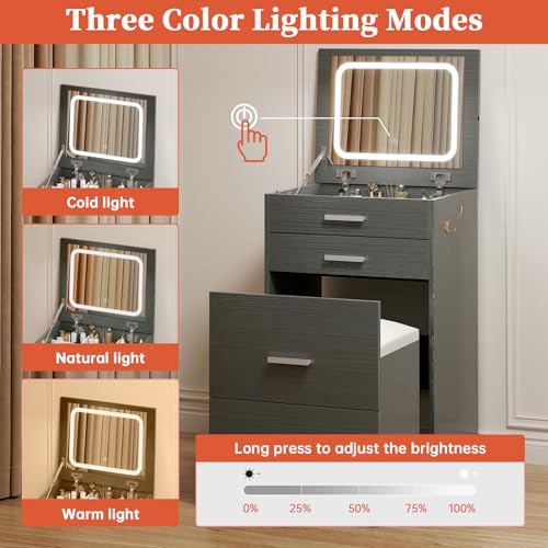 Compact Vanity with 3 Drawers, 3 in 1 Vanity Desk, Makeup Desk with Flip-up 3 Colors Lighting Mirror and Cushioned Stool