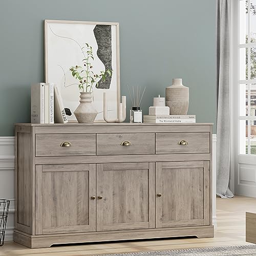 Keyluv White Buffet Cabinet Storage Sideboard Farmhouse Server Bar Wine Cabinet with 3 Drawers & 3 Doors Adjustable Shelves Console Table for Dining