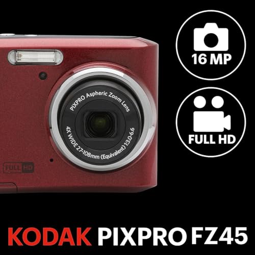 Kodak PIXPRO FZ45 Friendly Zoom 16MP Full HD Digital Camera, Red, Bundle with 32GB Memory Card and Camera Bag