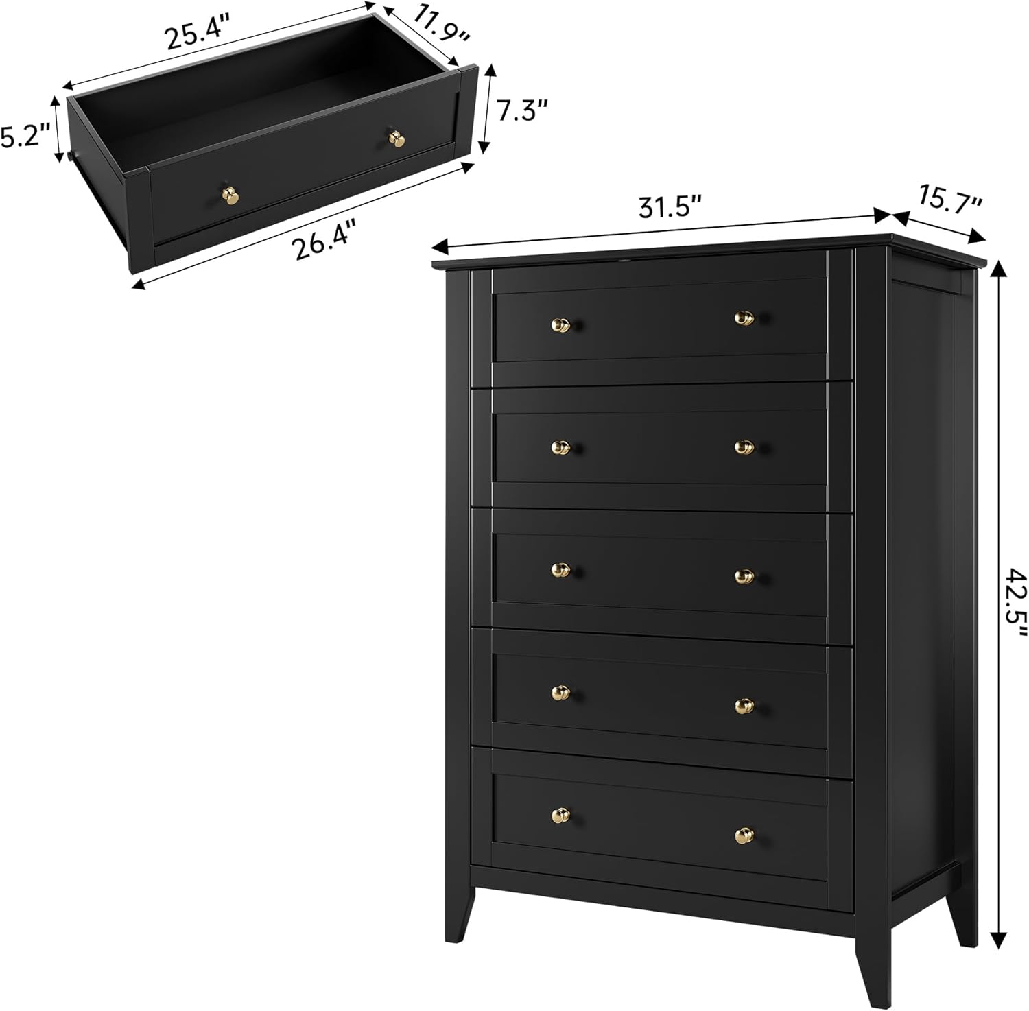 5 Drawer Dresser for Bedroom, Tall Dresser Closet Organizer, Wood Dresser with Deep Space & Metal Knobs, Modern Chests of Drawers for Entryway