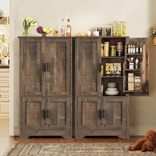 usikey Storage Cabinet with 4 Doors, 43.3" H Farmhouse Kitchen Cabinet with 6 Door Shelves, Kitchen Storage Cabinets with Adjustable Shelves