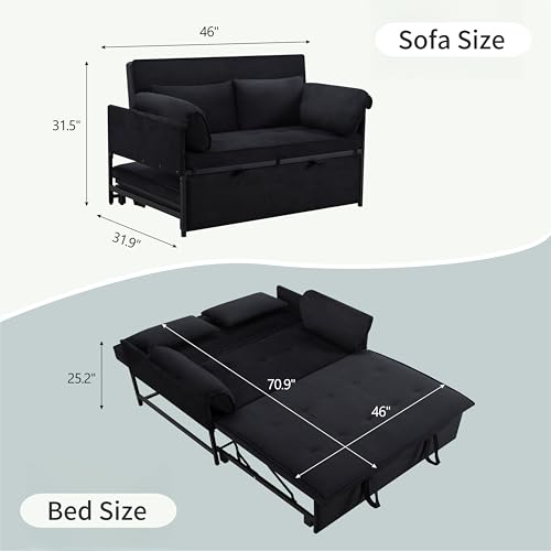 3 in 1 Sleeper Sofa Bed, Futon Sofa Bed for Living Room with Side Pocket, Black Sleepers Sofa Couch with Pullout Bed