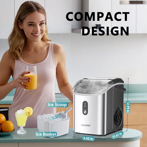 EUHOMY Nugget Ice Maker Countertop with Handle, Ready in 6 Mins, 34lbs Per Day, Removable Top Cover, Auto-Cleaning
