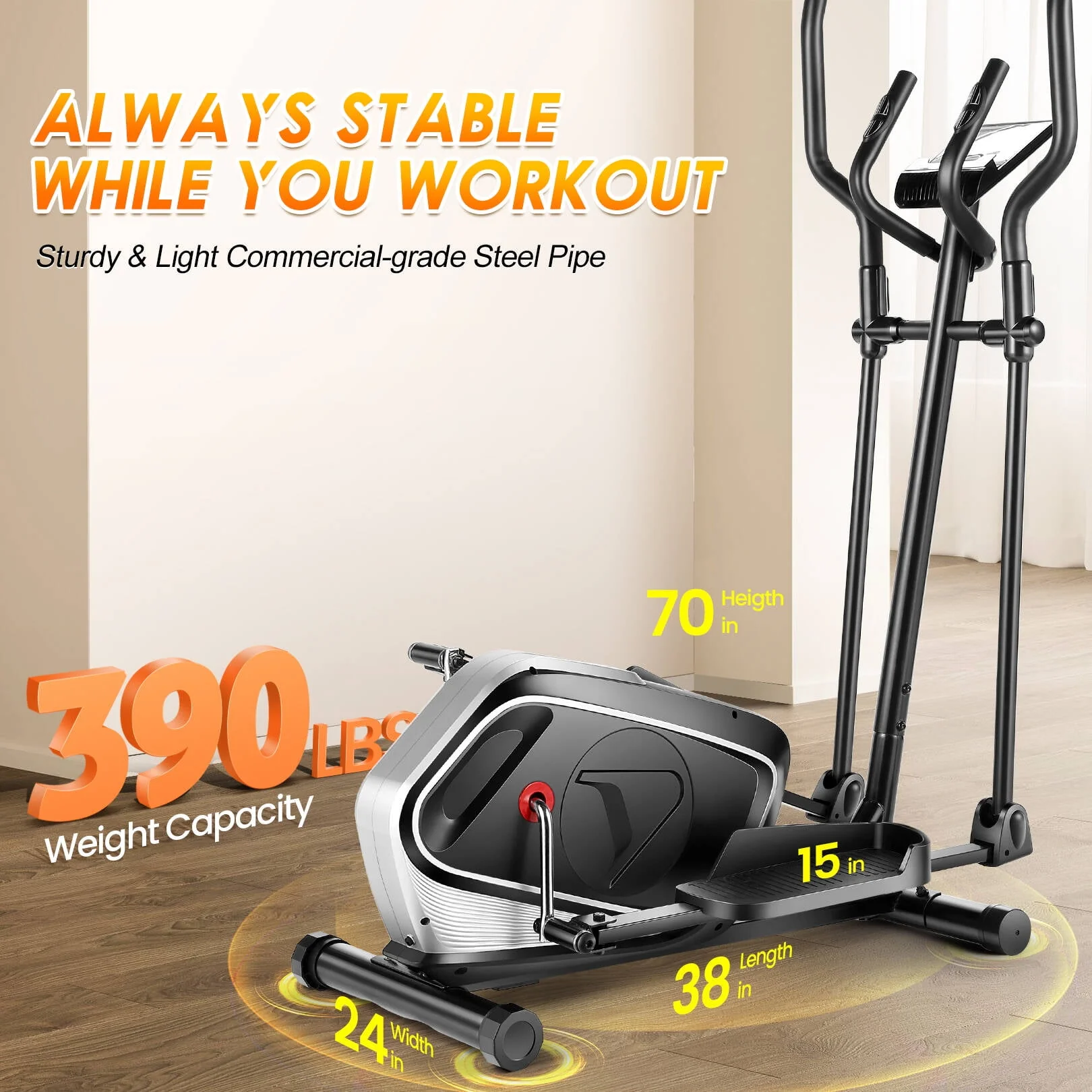 Elliptical Machine 8 Levels Elliptical Trainers with Heart Rate Sensor LCD Monitor Smooth Quiet Driven for Home Gym Office 390lbs Capacity 15inch
