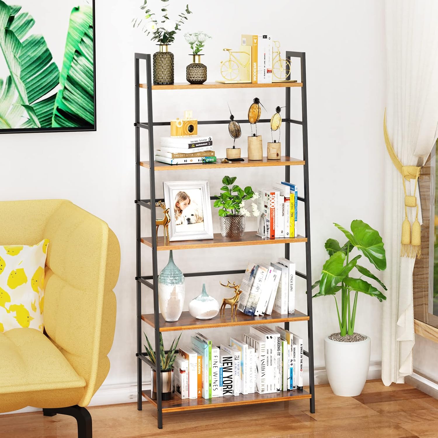 SpringSun 5-Tier Bookshelf，Wood Bookcase and Display Shelf Furniture with Metal Frame for Home and Office（Brown）