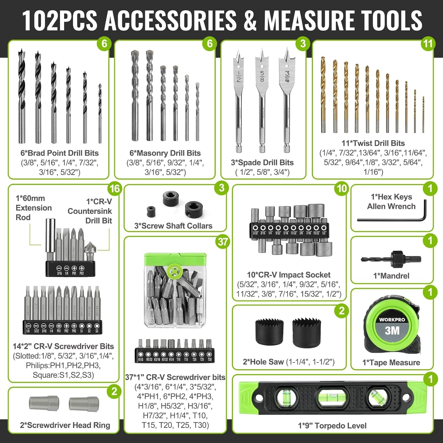 WORKPRO 20V Max Cordless Drill Driver Set, Electric Power Impact Drill Tool with 102 Pieces Accessories