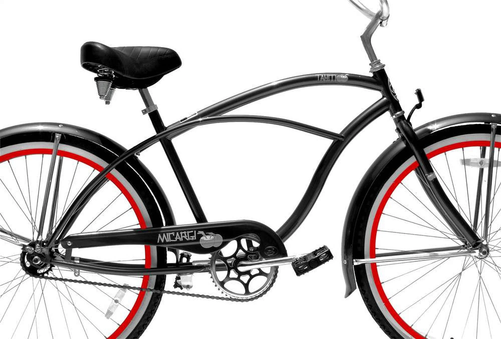 Micargi TAHITI 26" Beach Cruiser Coaster Brake Stainless Steel Spokes One Piece Crank Alloy Red Rims 36H With Fenders Color: Black/ Red
