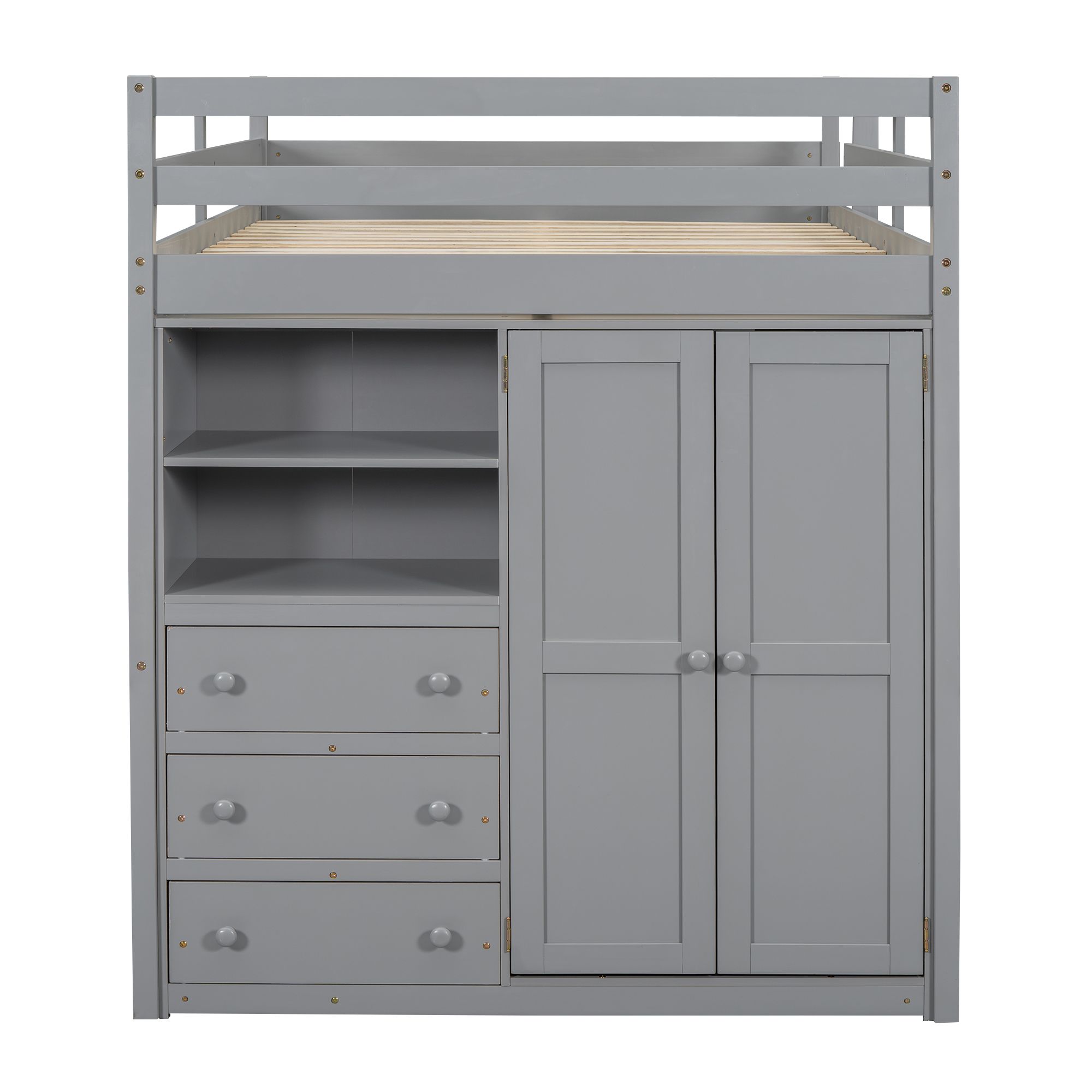 Full Size Loft Bed with Built-in Wardrobe, Desk, Storage Shelves and Drawers, Wooden Loft Beds Frame with Large Space