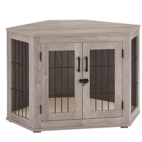 beeNbkks Furniture Dog Crate Corner, Dog Kennel Corner Wooden End Table with Cushion, Indoor Pet Crates Corner Side Table for Dogs