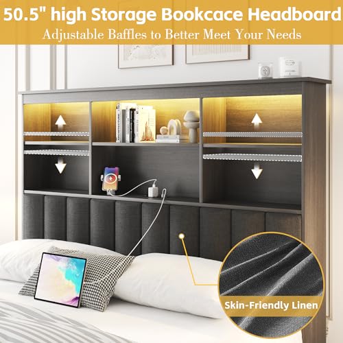 Lifezone Queen Bed Frame with Headboard, Queen Bed Frame with High Storage Bookcase Headboard,4 Storage Drawers & Charging Station & LED