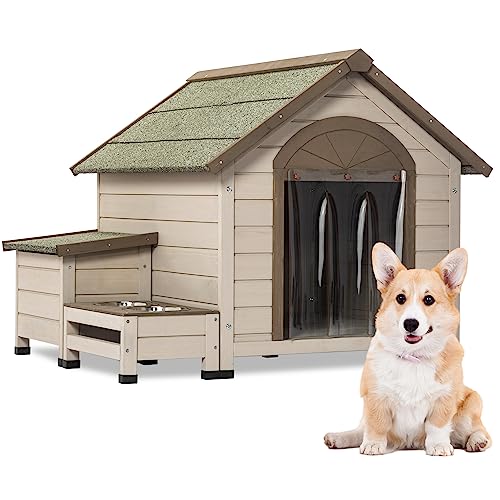 Outdoor Wooden Dog House,Waterproof Kennel with Deck and Sloped Roof,High Stability Pet Dog Cage for Small/Medium Puppy
