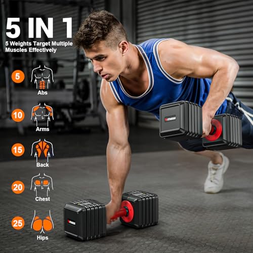 Adjustable Dumbbells Set of 2, 1-Sec Adjustable Weights Dumbbells Set, 5 in 1 Free Dumbbell with Anti-Slip Texture Handle