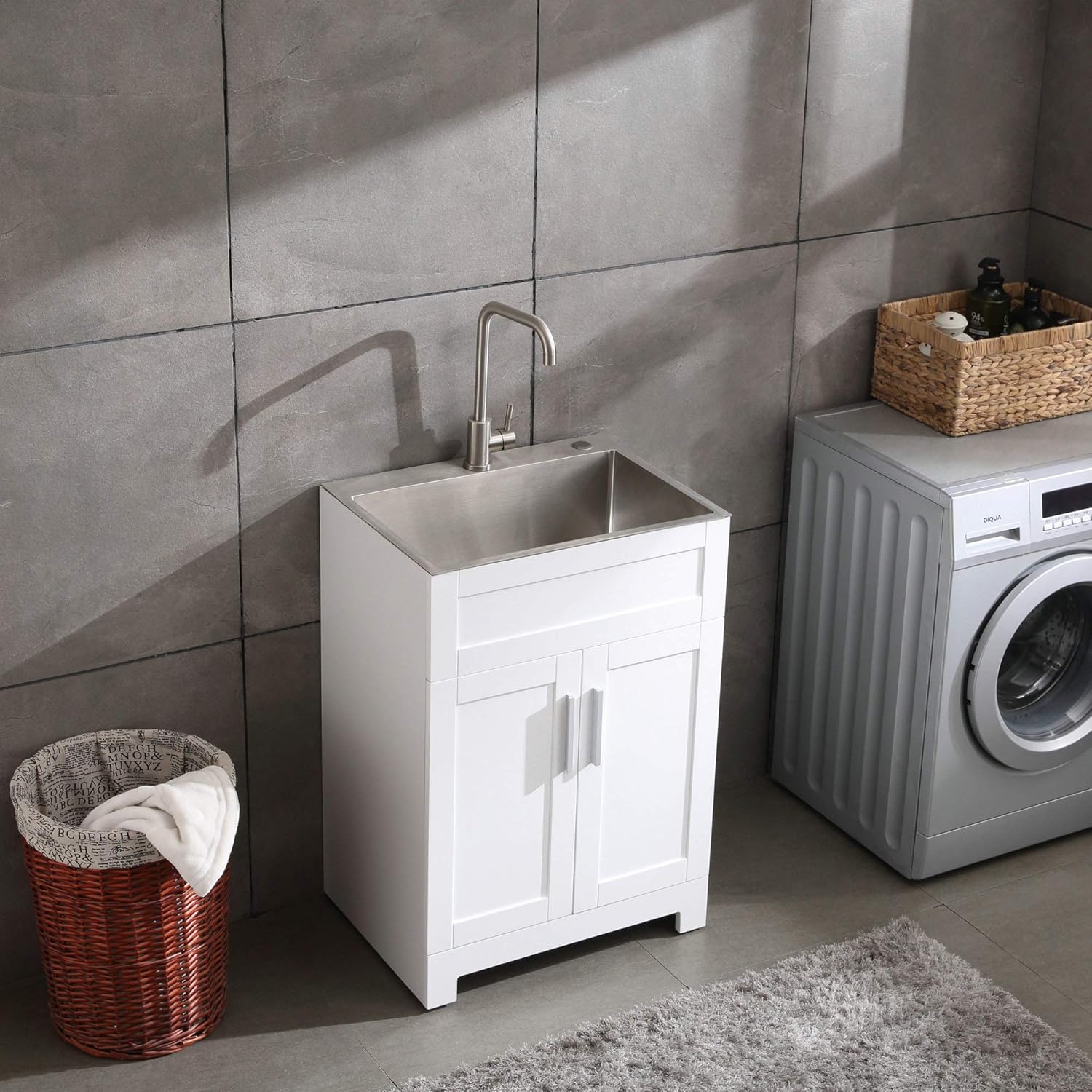 24 White Laundry Utility Cabinet w/ Stainless Steel Sink and Faucet Combo