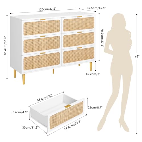 Rattan 5 Drawer Dressers for Bedroom, Tall Dresser with Deep Drawers, Large Chest of Drawers for Closet with Wide Top