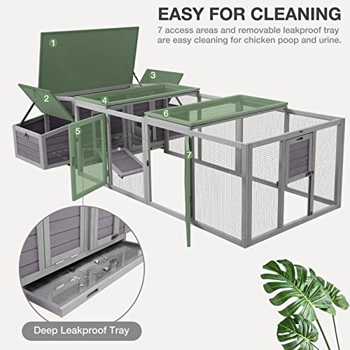 Large Chicken Coop for 6 Chicken Outdoor Chicken House with Run, Two Large Nesting Box, Leakproof Pull-on Tray and UV-Resistant Roof Panel