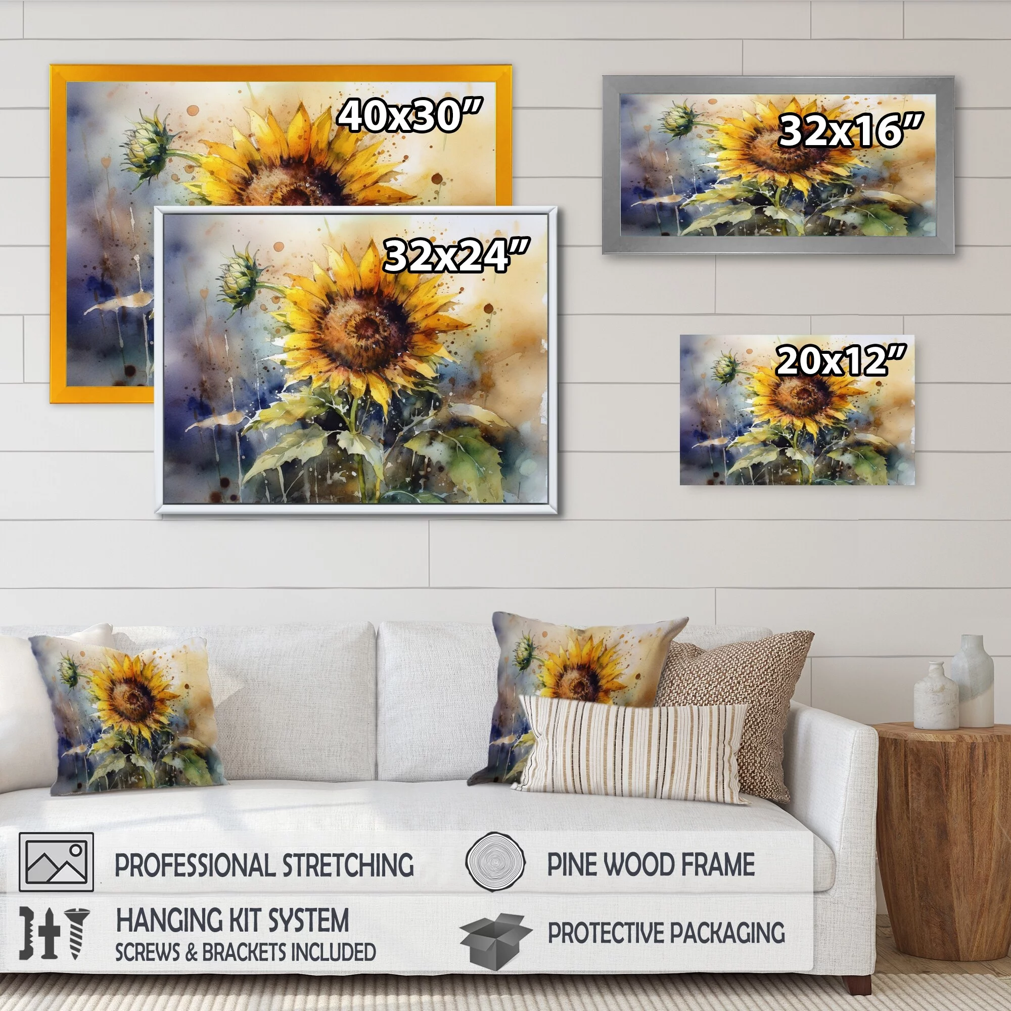 DESIGN ART Designart "Yellow Sunflower Symphony I" Floral Sunflower Framed Canvas Art Print 44 in. wide x 34 in. high - Gold