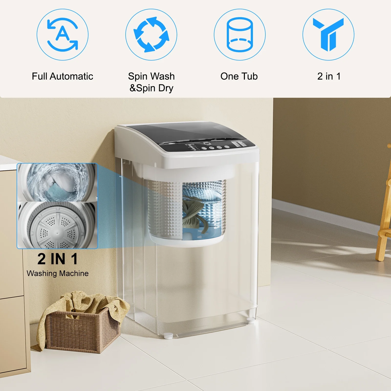 TABU Washer and Dryer Set, 19lbs Full Automatic Washing Machine with Drain Pump and 13lbs Portable Dryer (White) - Curated Treasures Market