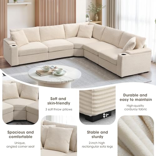 Merax 106" Corduroy Sectional Corner Sofa with Cup Holders & USB Charger, 5 Seat Convertible L Shaped Couch Set with Armrest Storage