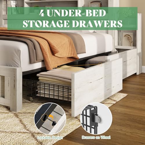 AMERLIFE Queen Bed Frame with 4 Storage Drawers, LED Platform Bed with 49" Bookcase Headboard